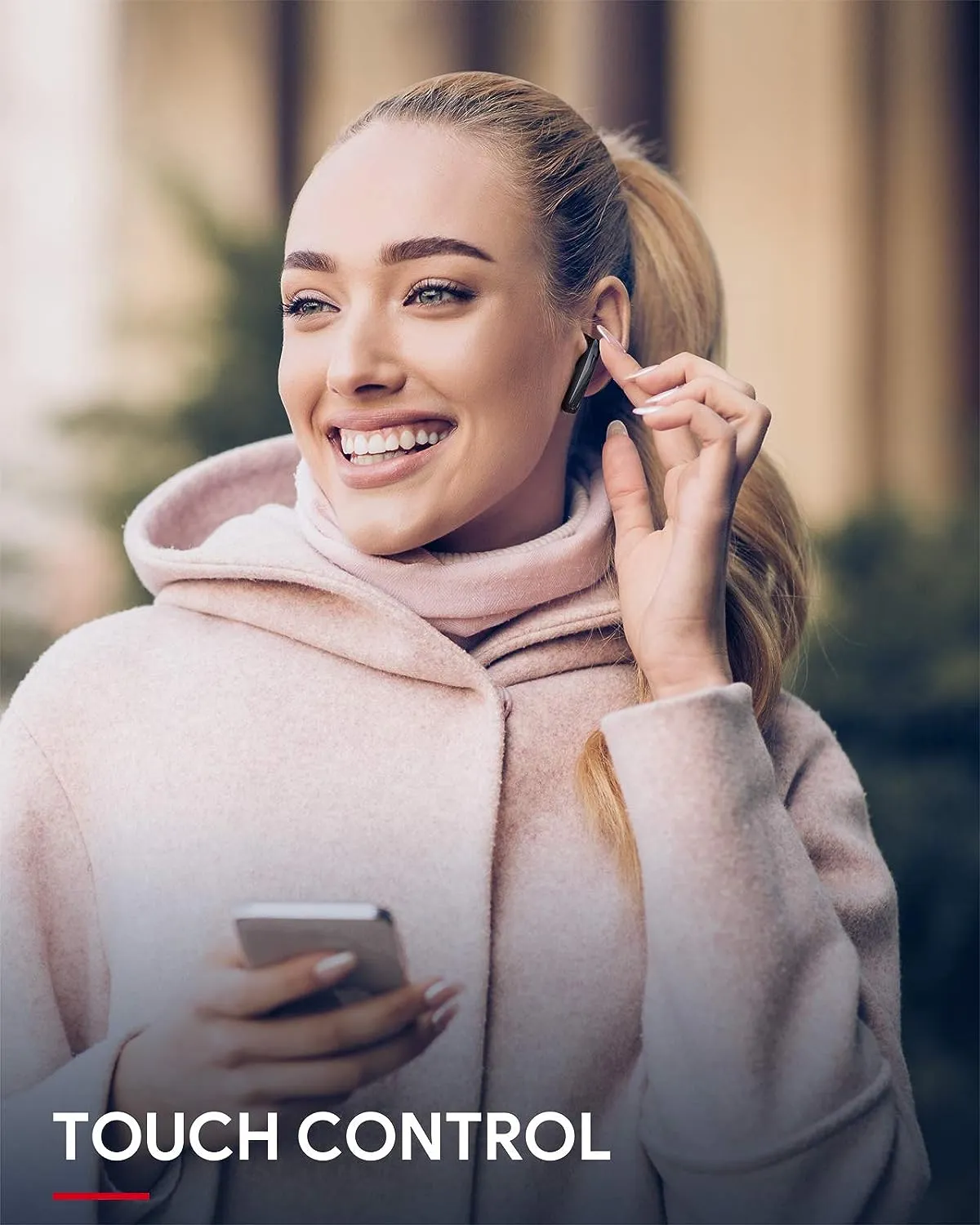 True Wireless Earbuds, Bluetooth 5 Headphones with Built-in Mic and USB-C Fast Charging, 15M/49ft Long Range, 24 Hrs Playtime, IPX5 Water Resistance Support Single & Binaural Mode